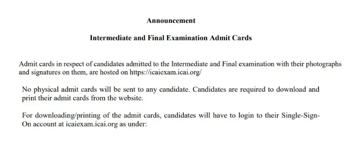 CA Inter Admit Card