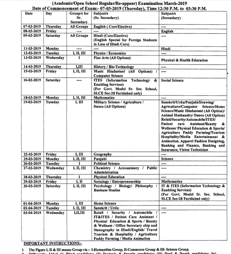 hbse 12th date sheet 2019