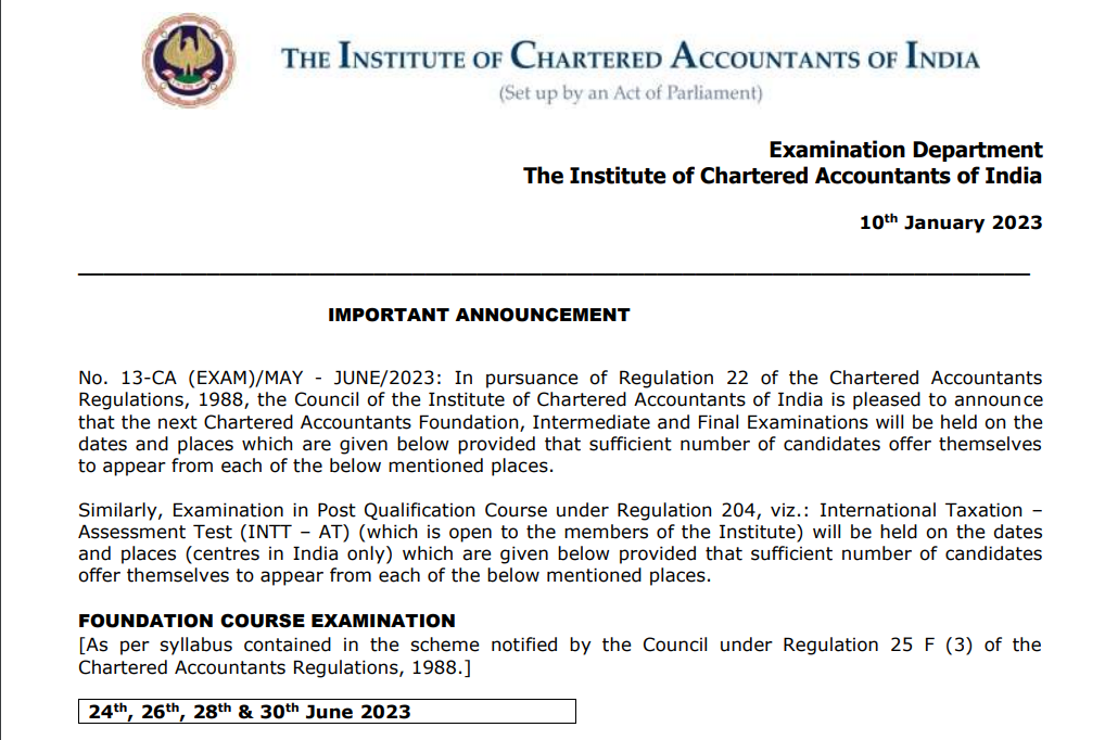ICAI CA Foundation Exam Dates June 2023
